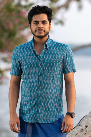 Handwoven Ikat shirt Mandarin Collar Full sleeves Pure cotton Sustainable mens clothing handloom tie dye mens shirt seamstressindia