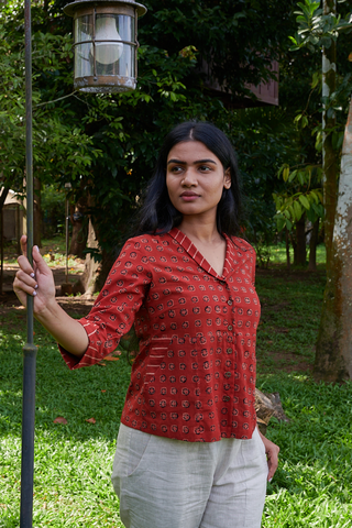 Madder Blockprint Roll Collar Top