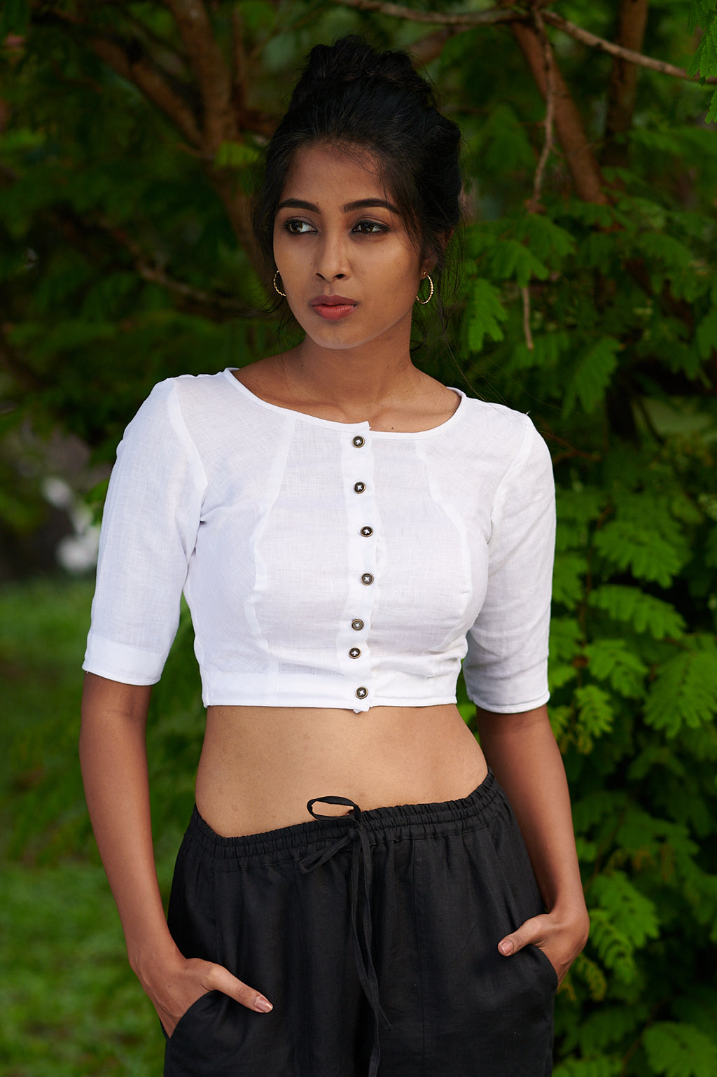 white linen button down boat neck blouse