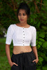 white linen button down boat neck blouse