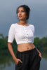 white linen button down boat neck blouse