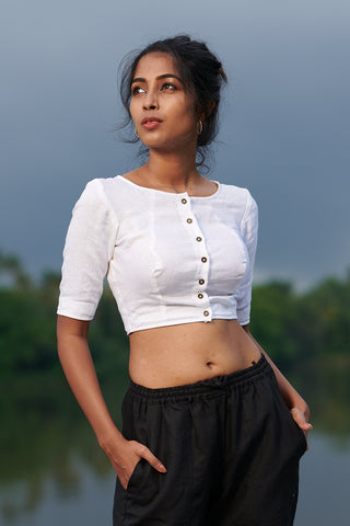 white linen button down boat neck blouse