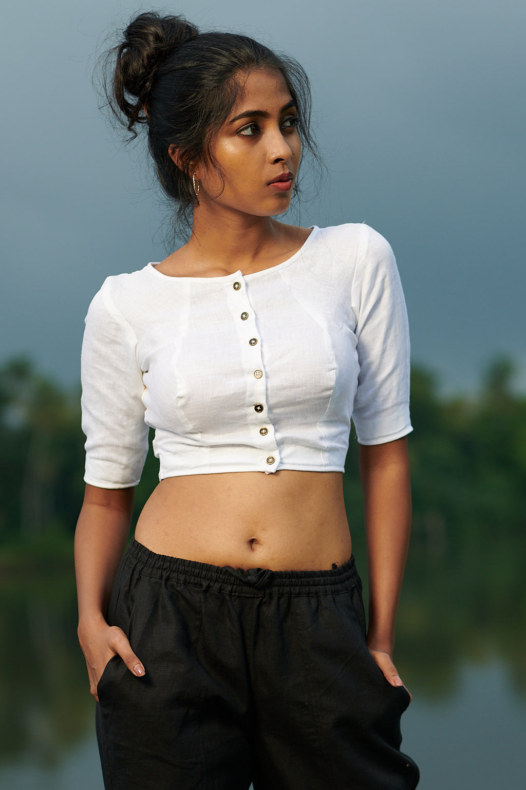 white linen button down boat neck blouse