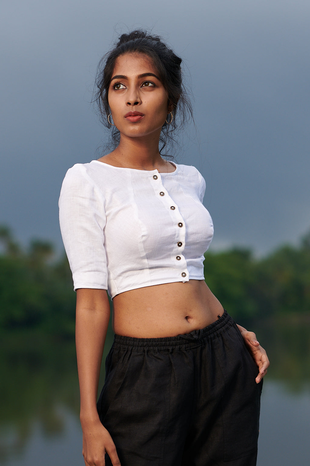 white linen button down boat neck blouse