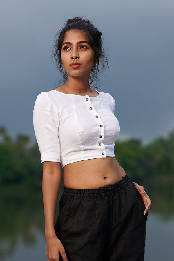 white linen button down boat neck blouse
