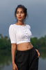 white linen button down boat neck blouse